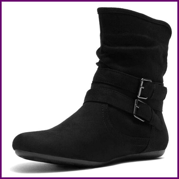 Slouch Flat Ankle Booties Buckle Detail Side Zipper Low Heel Non-Slip Sole